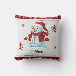 Personalized Cute Snowman Red Plaid Kids Christmas Kussen