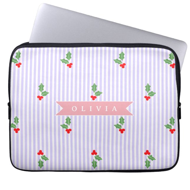 Personalized Cute Striped Holiday Christmas Holly  Laptop Sleeve (Voorkant)