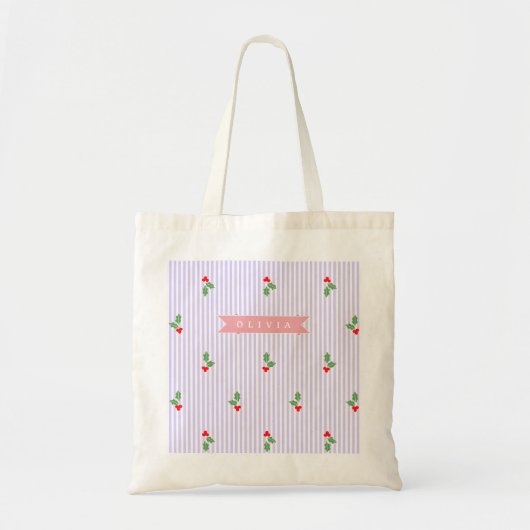 Personalized Cute Striped Holiday Christmas Holly  Tote Bag (Voorkant)