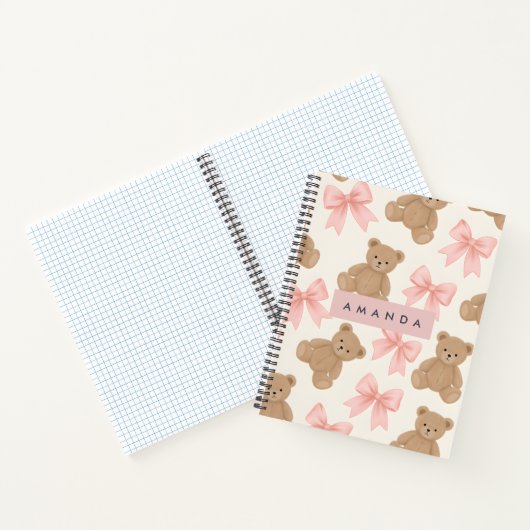 Personalized Cute Teddy Bear and Pink Bow Pattern Notitieboek (Binnen)