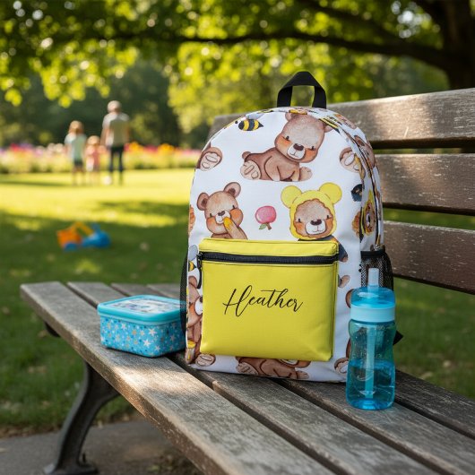 Personalized Cute Teddy Bear Bees & Honey Pattern  Bedrukte Rugzak