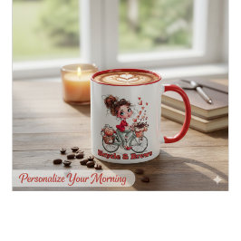 Personalized Cute Watercolor Girl Bicycle & Brews  Mok