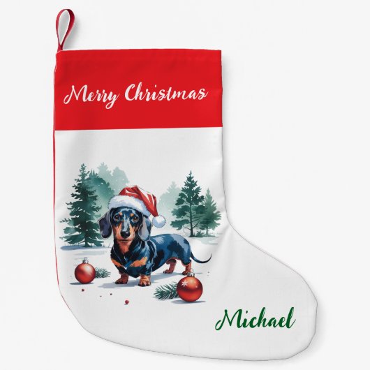 Personalized Dachshund in Santa Hat Christmas Kleine Kerstsok (Voorkant)