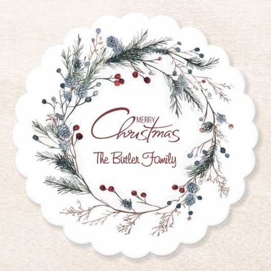 Personalized Delicate Christmas Floral Wreath Kartonnen Onderzetters (Voorkant)
