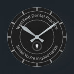 Personalized Dentist Office Ronde Klok<br><div class="desc">Aan de ene kant een tram naar de andere. This is perfect for dentist offices or orthodontists. In a beautiful black with light gray text on curve. With an image of a tooth. At the top you'll add your practice's name and at the bottom you'll add a tagline or your...</div>