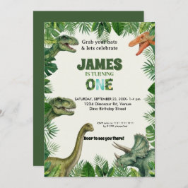 Personalized Dino 1st Birthday Invitation Suite Kaart