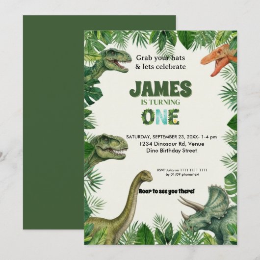 Personalized Dino 1st Birthday Invitation Suite Kaart (Voorkant / Achterkant)