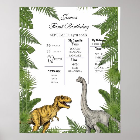 Personalized Dino 1st Birthday Milestone Poster (Voorkant)
