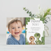 Personalized Dino 1st Birthday Photo Thank You Car Bedankkaart (Staand voorkant)