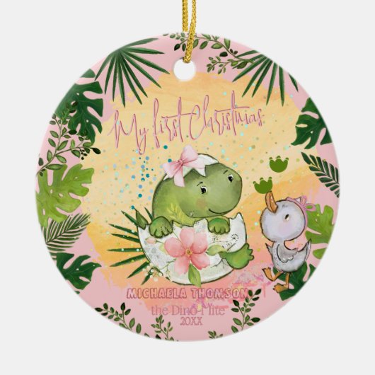 Personalized Dino 'My First Christmas' Photo  Keramisch Ornament (Voorkant)
