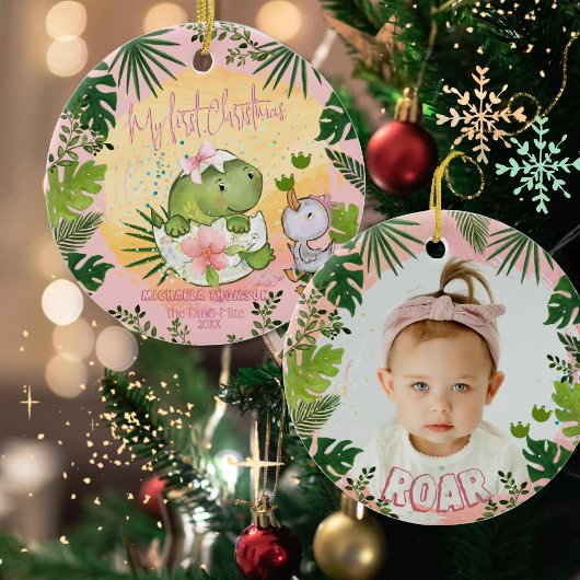 Personalized Dino 'My First Christmas' Photo  Keramisch Ornament