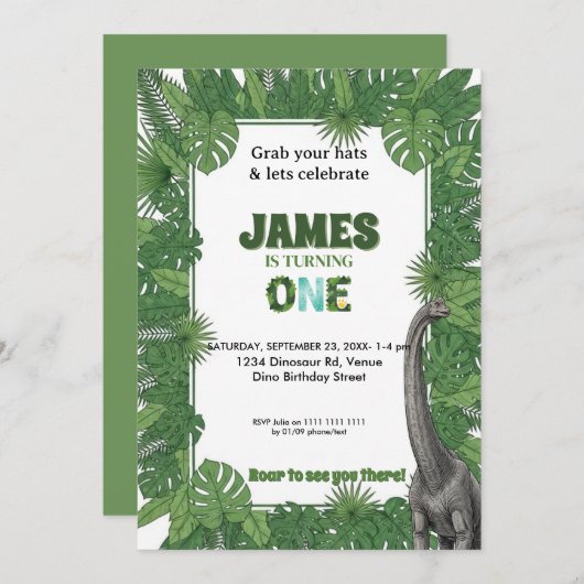 Personalized Dinosaur 1st Birthday Invitations Kaart (Voorkant / Achterkant)