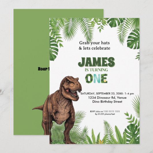 Personalized Dinosaur Jungle 1st Birthday Invite Kaart (Voorkant / Achterkant)