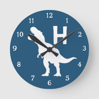 Personalized Dinosaur Kids Wall Clock Blue T-Rex Ronde Klok