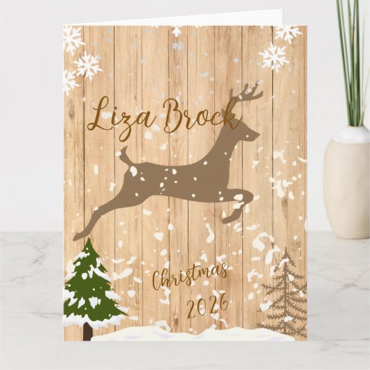 Personalized doe Christmas bauble wooden backgroun Kaart (Voorkant)