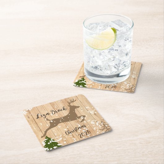 Personalized doe Christmas bauble wooden backgroun Kartonnen Onderzetters (Insitu)