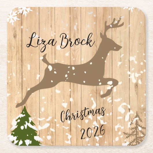 Personalized doe Christmas bauble wooden backgroun Kartonnen Onderzetters (Voorkant)