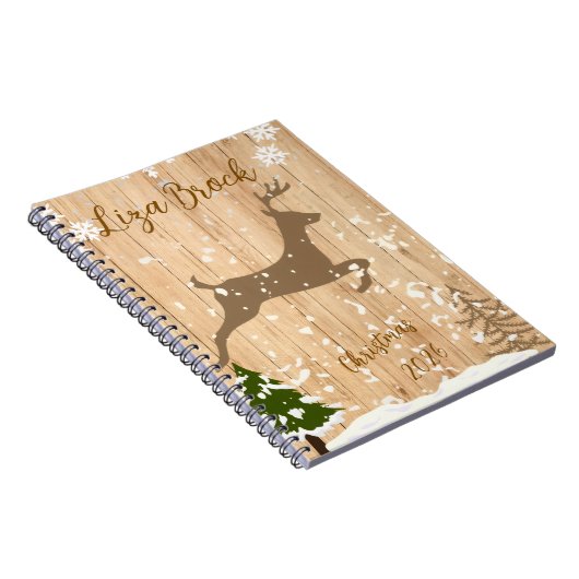 Personalized doe Christmas bauble wooden backgroun Notitieboek (Rechterzijde)