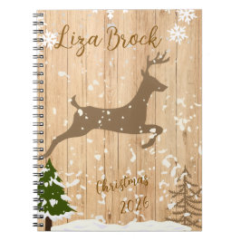 Personalized doe Christmas bauble wooden backgroun Notitieboek