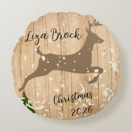 Personalized doe Christmas bauble wooden backgroun Rond Kussen