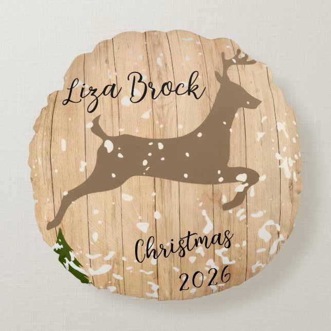 Personalized doe Christmas bauble wooden backgroun Rond Kussen (Voorkant)