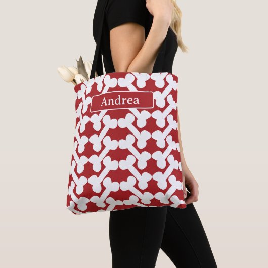 Personalized Dog Bone Pattern Red White Modern  Tote Bag (Dichtbij)
