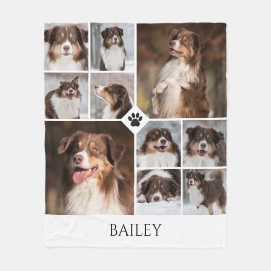 Personalized Dog Photo Collage Paw Print Name Fleece Deken (Voorkant)