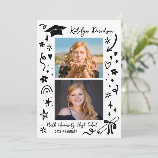 Personalized Doodle Graduation Photo Announcement (Staand voorkant)