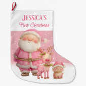 Personalized Double Sided Pink First Christmas Grote Kerstsok (Voorkant)