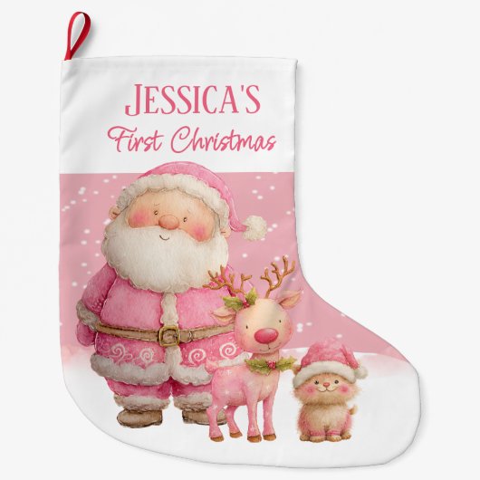 Personalized  Double Sided  Pink First Christmas Grote Kerstsok (Voorkant)