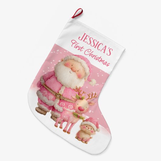 Personalized  Double Sided  Pink First Christmas Grote Kerstsok (Voorkant (Hangend))