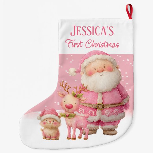 Personalized Double Sided Pink First Christmas Grote Kerstsok (Achterkant)
