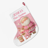 Personalized  Double Sided  Pink First Christmas Grote Kerstsok (Achterkant (Hangend))