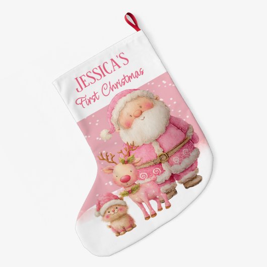Personalized  Double Sided  Pink First Christmas Grote Kerstsok (Achterkant (Hangend))