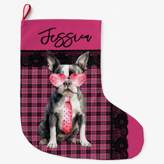 Personalized  Double sided Quirky Boston Terrier Grote Kerstsok (Voorkant)