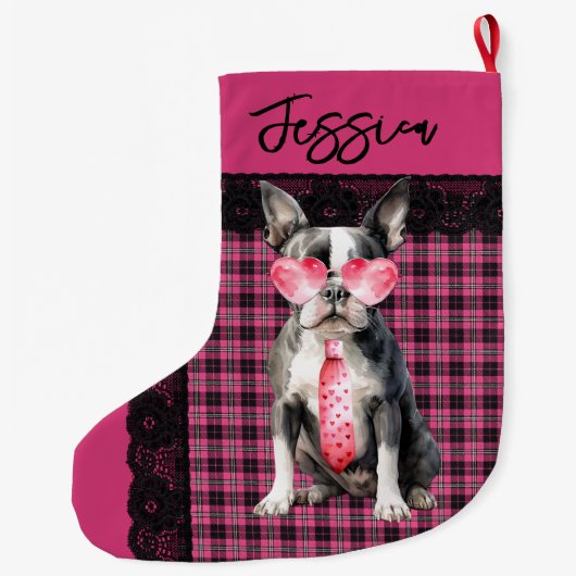 Personalized Double sided Quirky Boston Terrier Grote Kerstsok (Achterkant)