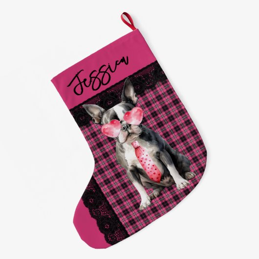 Personalized  Double sided Quirky Boston Terrier Grote Kerstsok (Achterkant (Hangend))