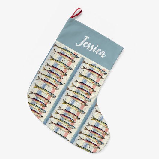 Personalized Double Sided Quirky Sardine Design Grote Kerstsok (Voorkant (Hangend))