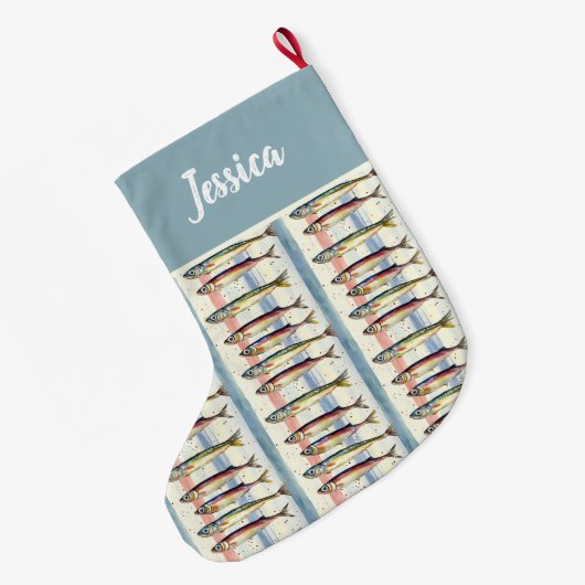 Personalized  Double Sided Quirky Sardine Design Grote Kerstsok (Achterkant (Hangend))