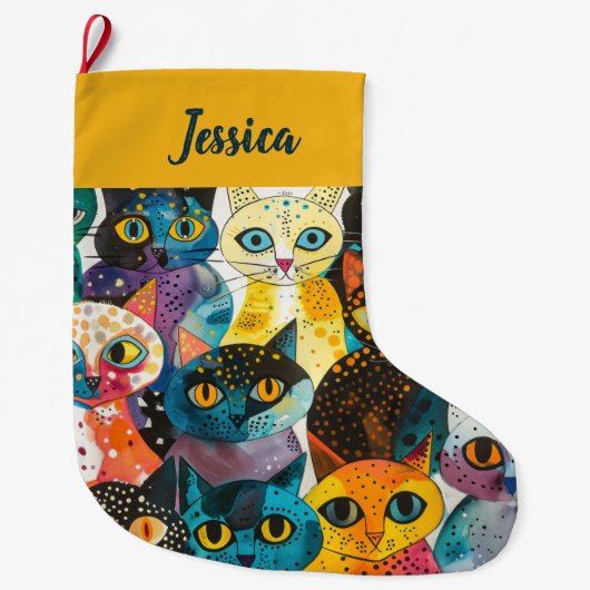Personalized  Double Sided Whimsical Cat Design Grote Kerstsok (Voorkant)