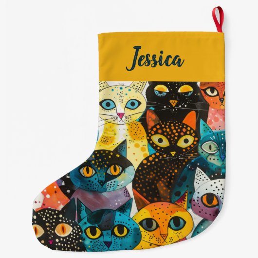 Personalized  Double Sided Whimsical Cat Design Grote Kerstsok (Achterkant)