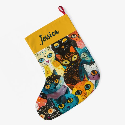 Personalized Double Sided Whimsical Cat Design Grote Kerstsok (Achterkant (Hangend))