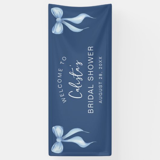 Personalized Dusty Blue Bow Welcome Bridal Shower Spandoek (Verticaal)
