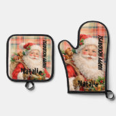 Personalized Dusty Santa Red tartan Merry Holidays Ovenwant & Pannenlap Set (Voorkant)