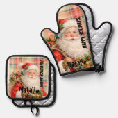 Personalized Dusty Santa Red tartan Merry Holidays Ovenwant & Pannenlap Set (Voorkant / Achterkant)