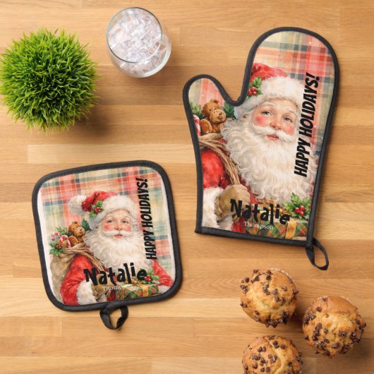 Personalized Dusty Santa Red tartan Merry Holidays Ovenwant & Pannenlap Set (Top down)