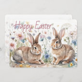 Personalized Easter Bunnies And Floral Watercolor Feestdagenkaart (Voorkant / Achterkant)