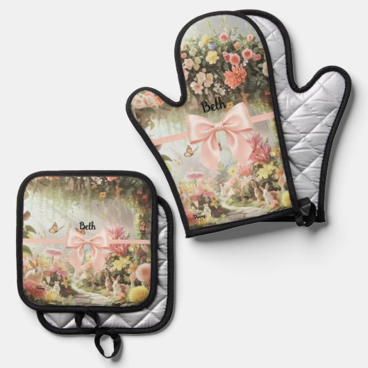 Personalized Easter Bunny Rabbit Pink Bow  Ovenwant & Pannenlap Set (Voorkant / Achterkant)