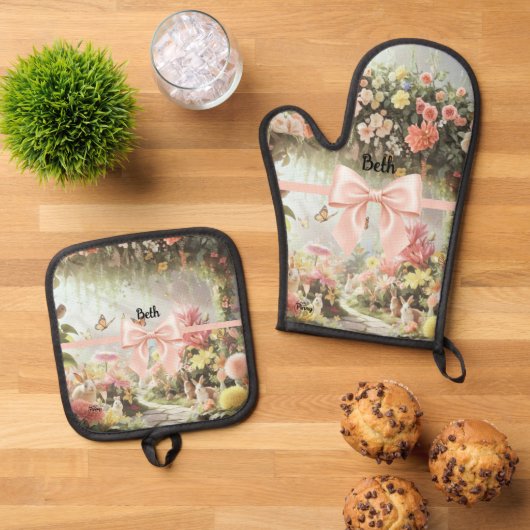 Personalized Easter Bunny Rabbit Pink Bow  Ovenwant & Pannenlap Set (Top down)