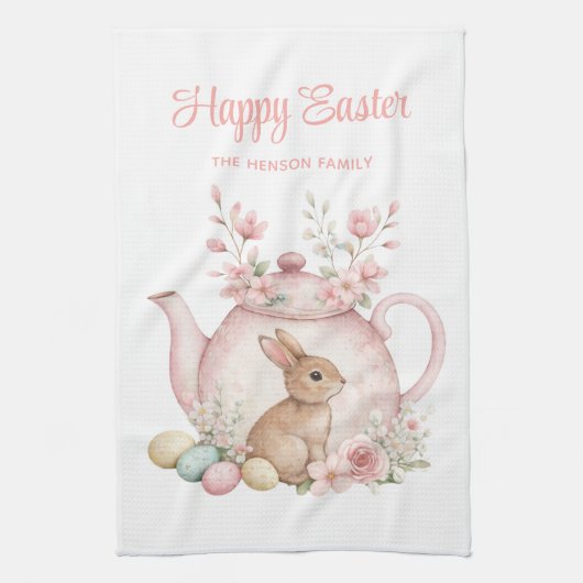 Personalized Easter Bunny Teapot Family Theedoek (Verticaal)